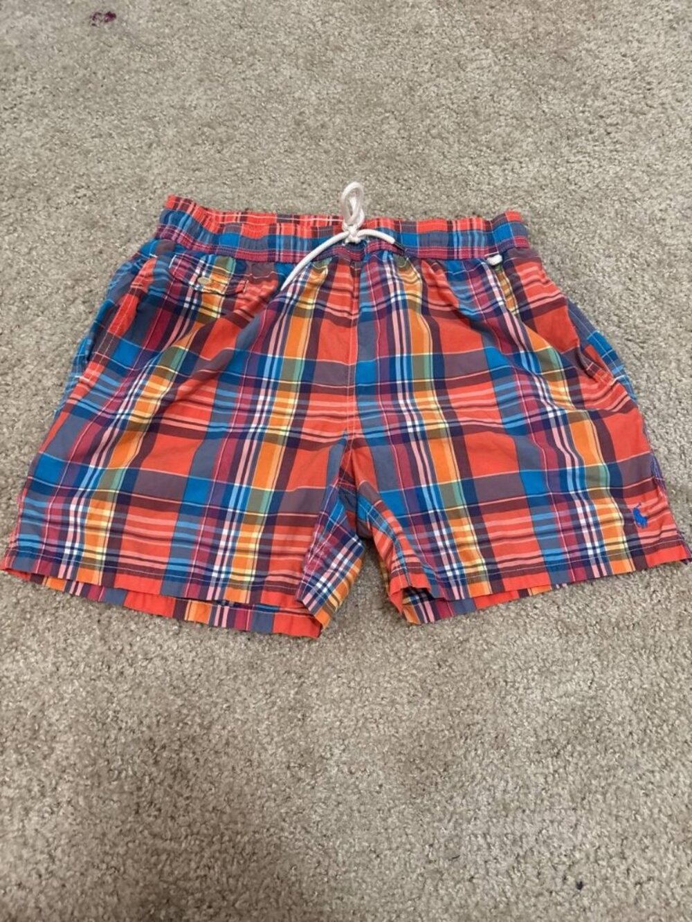 Polo Ralph Lauren Swim Trunks Boys L/G Orange Plaid Used Swimwear